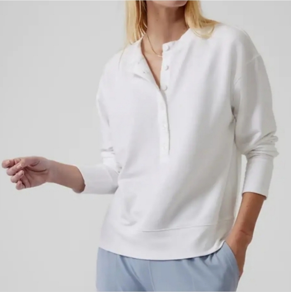 Athleta Balance White Henley Button Fleece Pullover Sweatshirt
